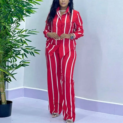Moda africana feminina conjunto de duas peças listra impresso outono casual botão manga comprida camisa calças perna larga conjunto de duas peças feminino