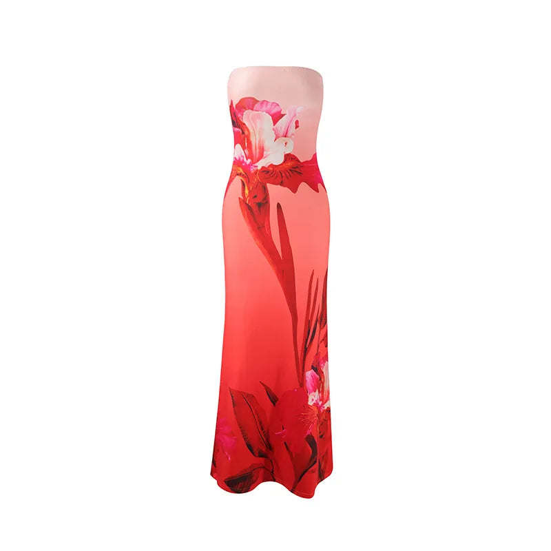 Vestido longo feminino elegante e justo, sem alças, com estampa, perfeito para férias na praia. Ideal para o verão
