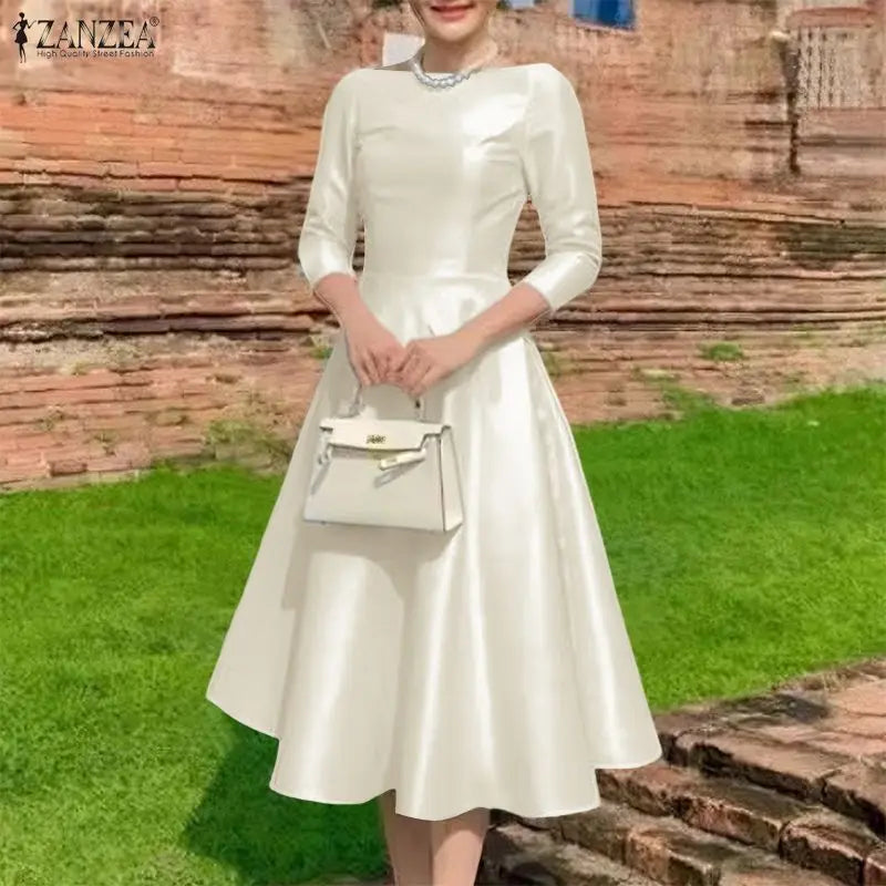 Vestidos Midi Elegantes de Cetim Preto ZANZEA para Mulheres, Decote Canoa, Manga 3/4, Vestido A-Line para Convidadas de Casamento