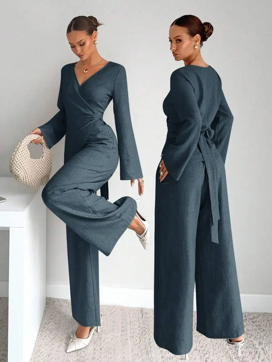 Conjunto de blazer elegante listrado com cinto e calça pantalona de duas peças para mulheres