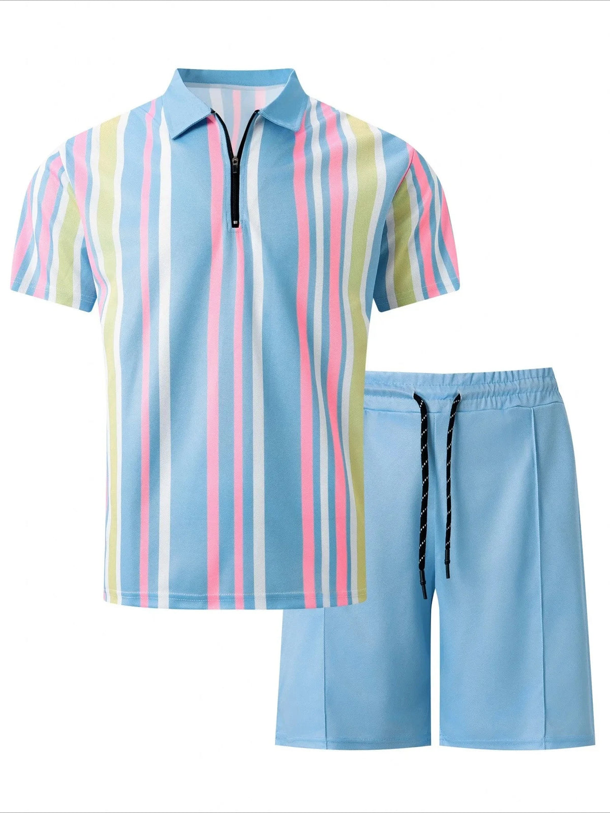 Conjunto  Masculino com Listras, Camiseta de Manga Curta e Calças Curtas em Dois Peças