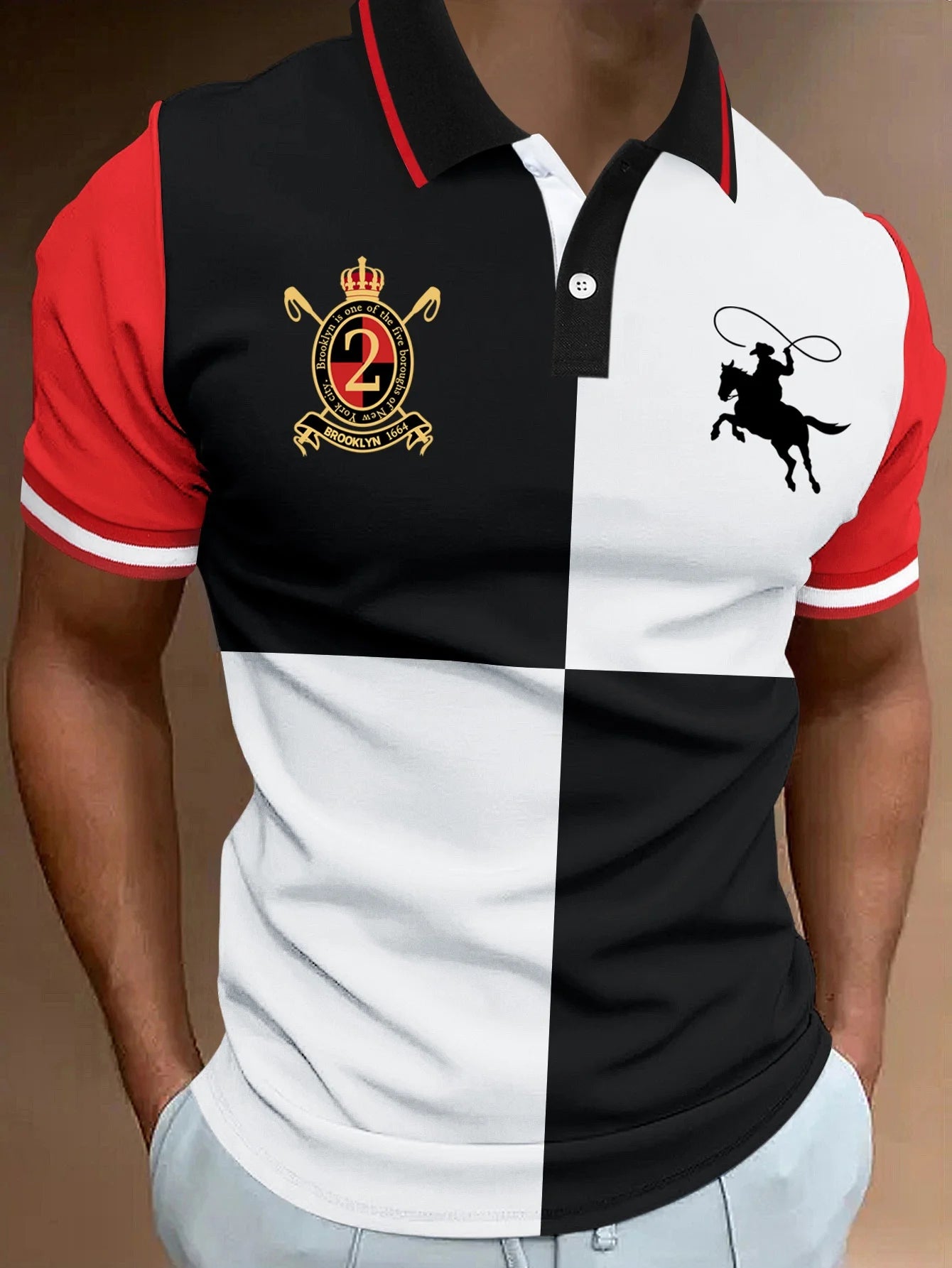 2026 Men's Fashion Polo Shirt | Brooklyn 1664 Emblem & Cowboy Print | Color Block Short Sleeve Casual Golf Top for Summer