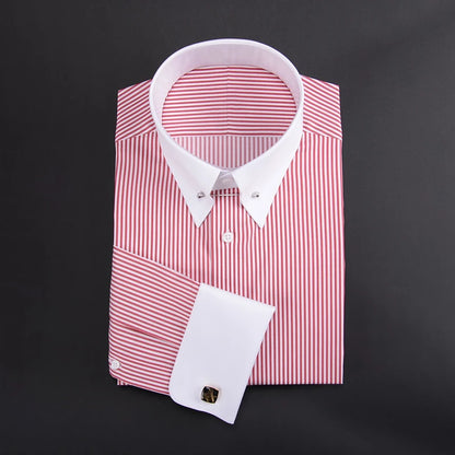 Camisa francesa justa-fit listrada masculina, gola império, manga longa, tendência de negócios