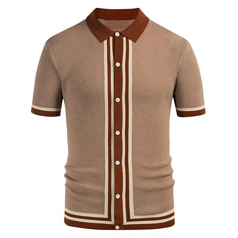 Novo verão camiseta masculina 2024 manga curta lapela listra impressão botão listra camisa polo moda pulôver topos