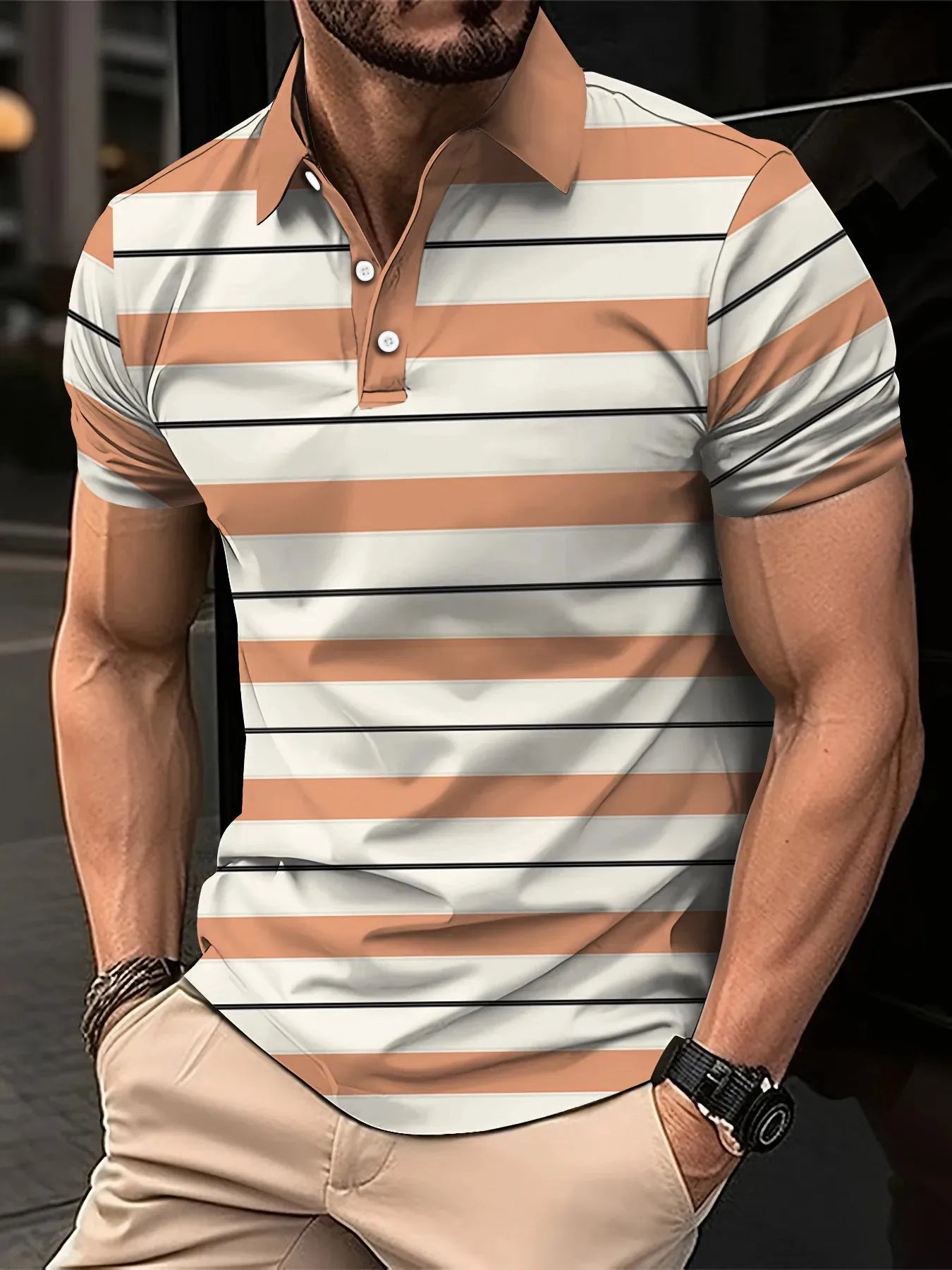 2026 Summer Men's Polo Shirt with Stripes Print Breathable Lightweight Casual Fashionable Outdoor Men's Clothing