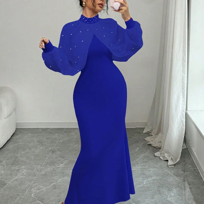 Vestido Formal Elegante de Manga Longa Estilo Sereia com Contas e Saia de Veludo Brilhante para Mulheres, Estilo Chic e Elegante