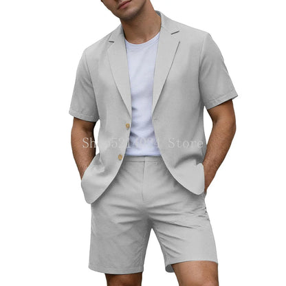 Conjuntos para Homens Blazer de Manga Curta e Calças Curtas Leves para Casamento, Festa, Negócios e Trajes Formais