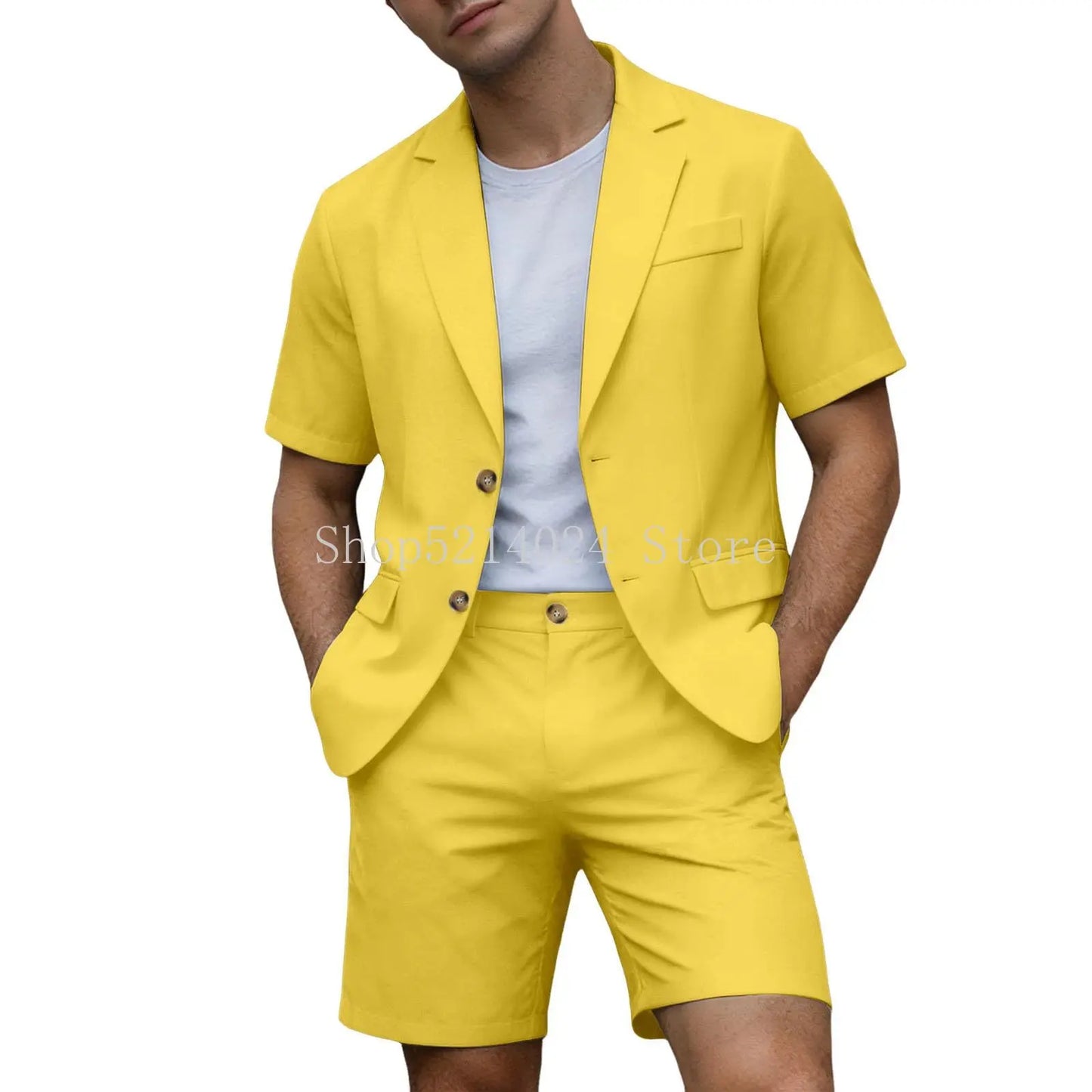 Conjuntos para Homens Blazer de Manga Curta e Calças Curtas Leves para Casamento, Festa, Negócios e Trajes Formais