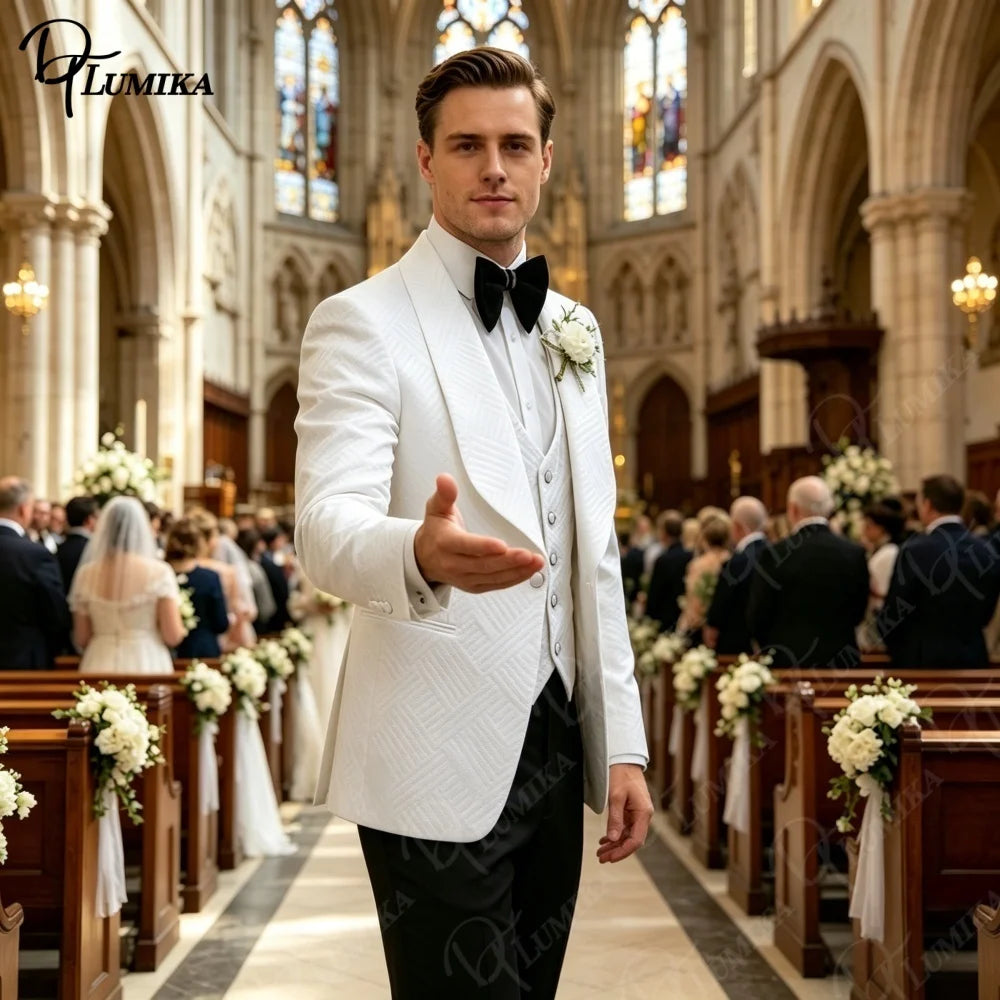 Terno Jacquard Branco de Luxo 3 Peças 2026 Masculino Slim Fit com Lapela Xale, Colete e Calça para Casamento, Noivo, Baile de Formatura e Festas Formais