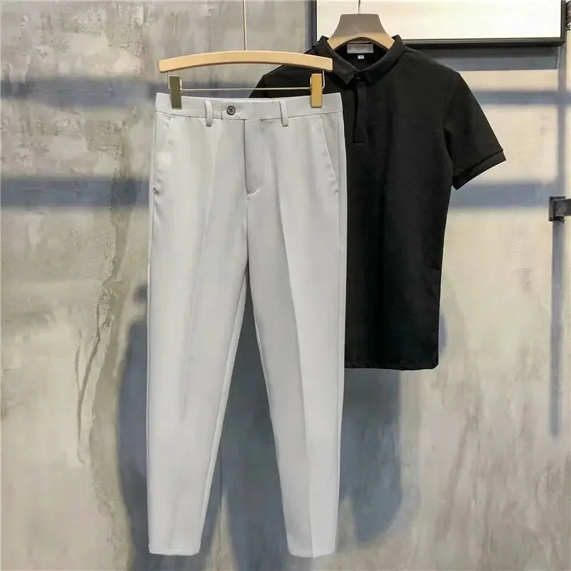 Calças Masculinas Casuais Estilo Japonês Verão 2022 Nova Tendência Marca Elegante com Caimento Fluido e Corte Reto Solto Comprimento 7/8