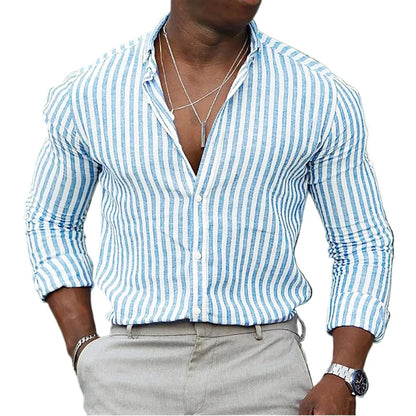Nova camisa listrada masculina manga longa impressão respirável t camisas lapela camisas básicas para homem leve camisa havaiana streetwear