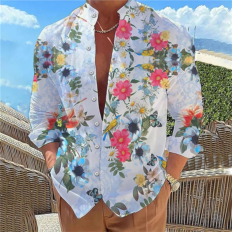 Camisa masculina de manga comprida Camisa impressa em 3D de alta qualidade, padrão floral, primavera e outono, tecido casual e elegante e confortável