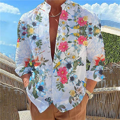 Camisa masculina de manga comprida Camisa impressa em 3D de alta qualidade, padrão floral, primavera e outono, tecido casual e elegante e confortável