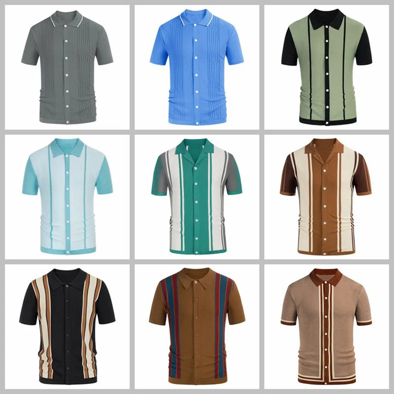 Novo verão camiseta masculina 2024 manga curta lapela listra impressão botão listra camisa polo moda pulôver topos