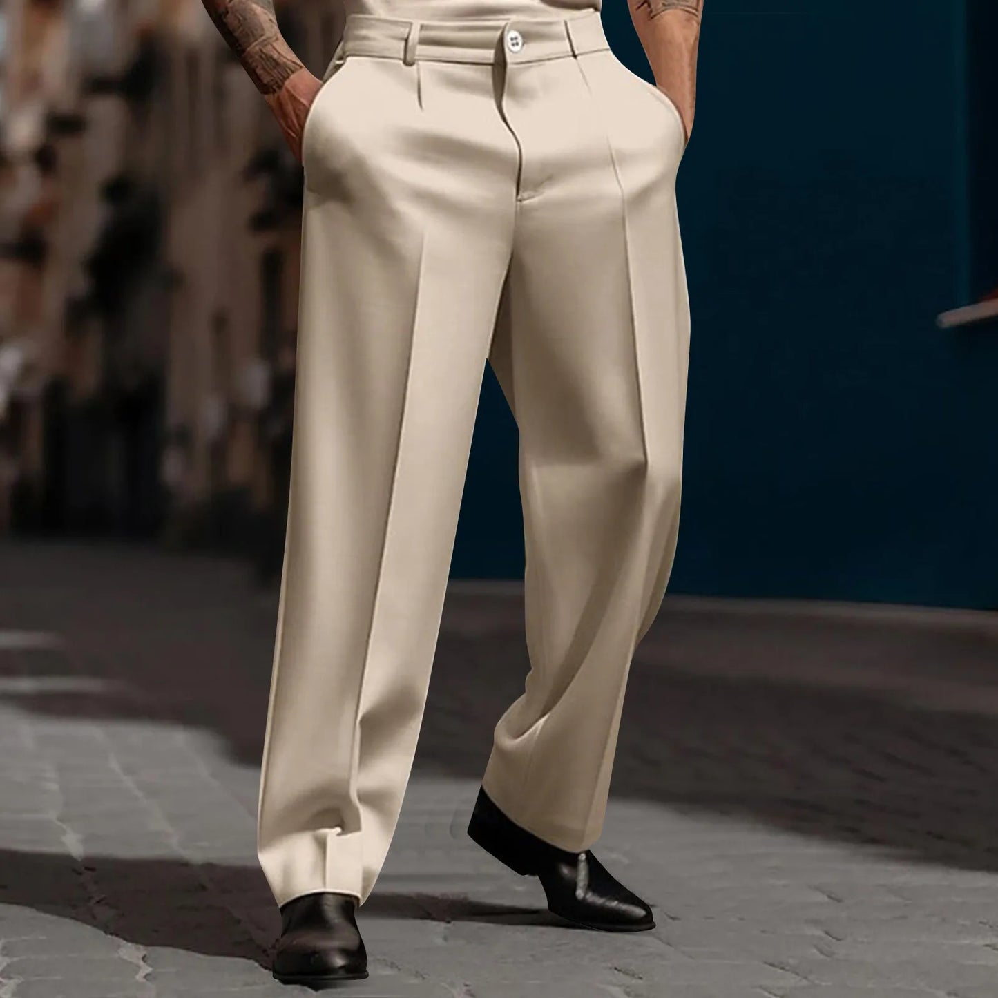 Calças de terno masculino moda perna reta respirável calças casuais cor pura bolso uso diário ajuste confortável