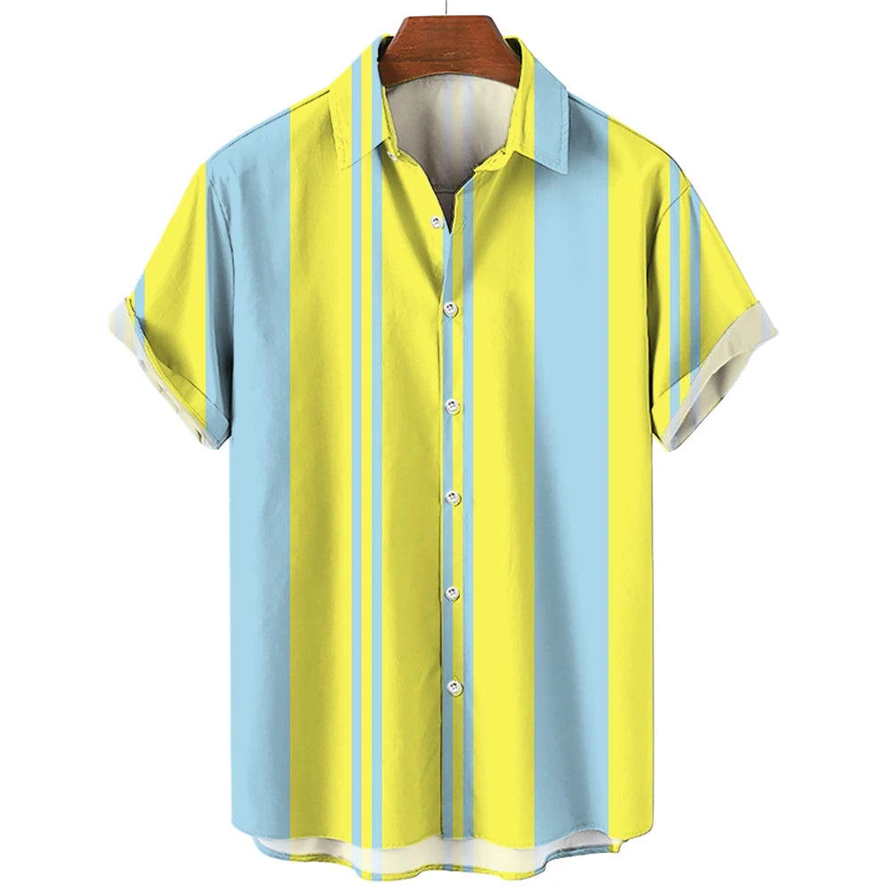 Camiseta listrada de manga curta com botão havaiano masculina, blusa xadrez, roupa de praia vermelha, camisa preta e branca, roupas masculinas, verão