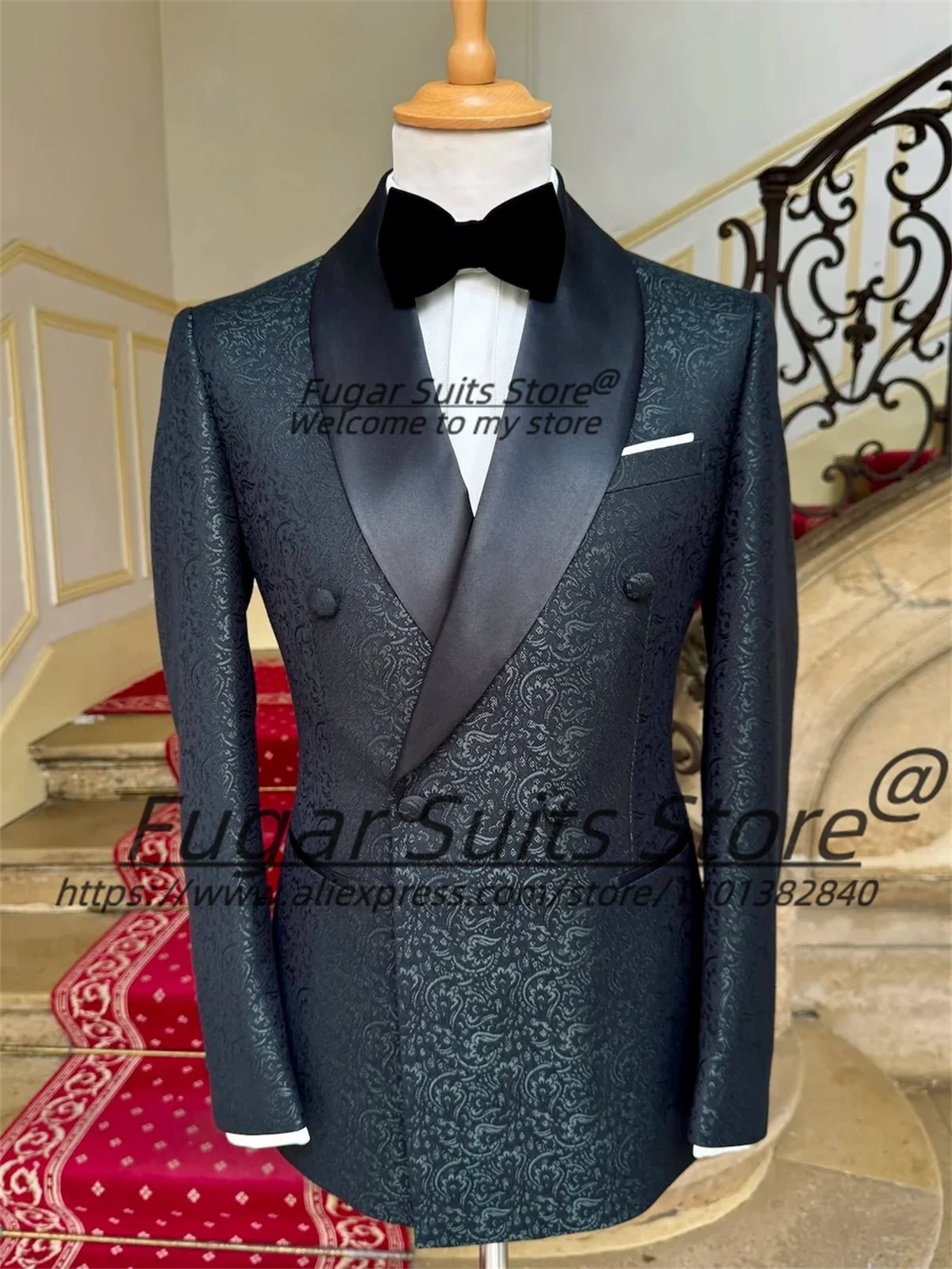 Ternos de Casamento Elegantes Pretos em Jacquard com Abotoamento Duplo para Noivos - Conjuntos de 2 Peças, Blazers Masculinos para Festas, Corte Slim Fit com Lapela Xale - Roupa Masculina