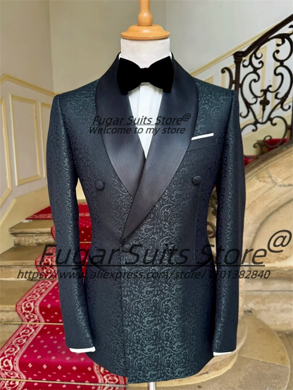 Ternos de Casamento Elegantes Pretos em Jacquard com Abotoamento Duplo para Noivos - Conjuntos de 2 Peças, Blazers Masculinos para Festas, Corte Slim Fit com Lapela Xale - Roupa Masculina