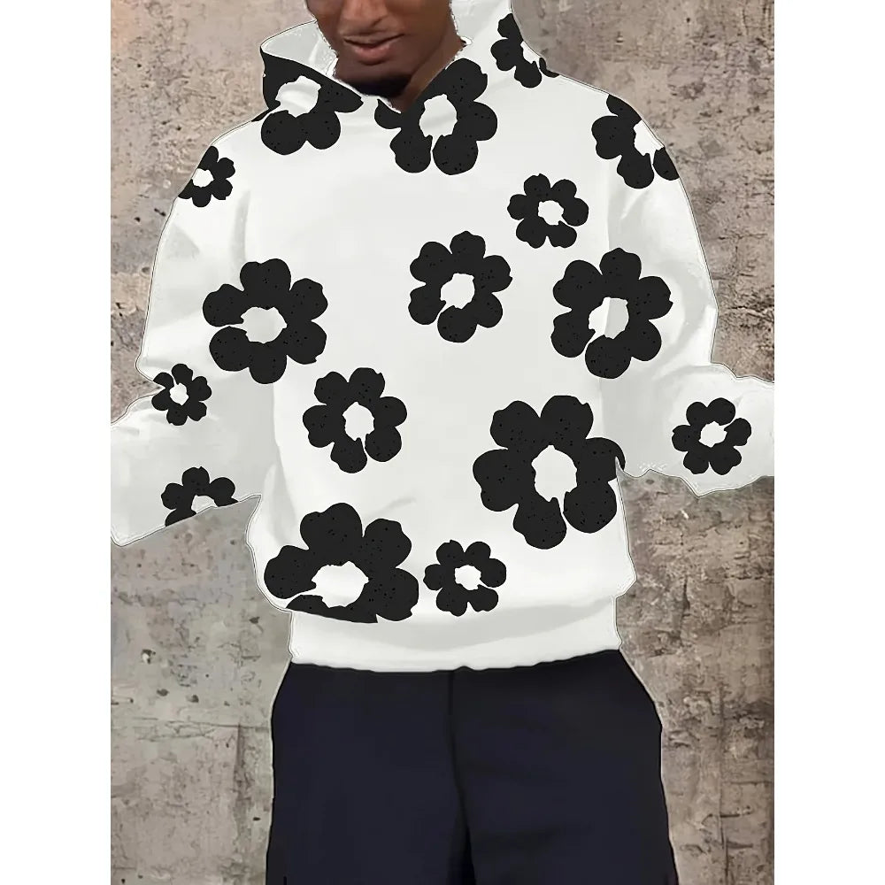 Men'S Casual Black Hoodie with White Floral Print Trendy Long Sleeve Pullover Regular Fit Slight Stretch Fabric Y2K Streetwear