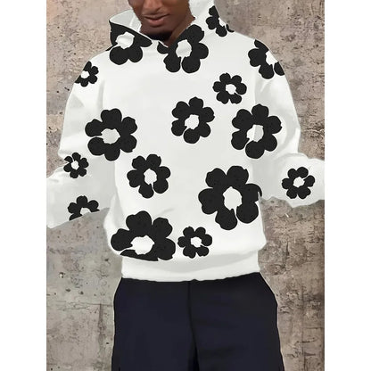 Men'S Casual Black Hoodie with White Floral Print Trendy Long Sleeve Pullover Regular Fit Slight Stretch Fabric Y2K Streetwear