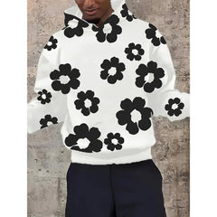 Men'S Casual Black Hoodie with White Floral Print Trendy Long Sleeve Pullover Regular Fit Slight Stretch Fabric Y2K Streetwear