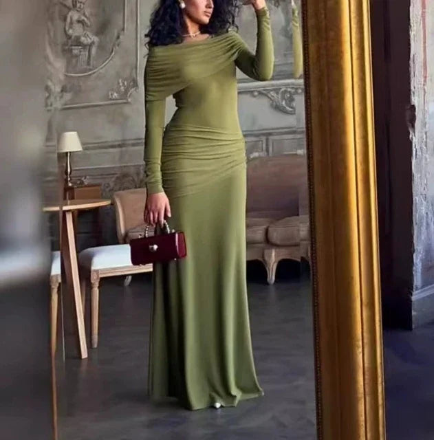Cpsymym vestidos femininos primavera novo em torno do pescoço mangas compridas elegante temperamento ruched cintura cinching magro vestido longo de noite