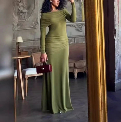 Cpsymym vestidos femininos primavera novo em torno do pescoço mangas compridas elegante temperamento ruched cintura cinching magro vestido longo de noite