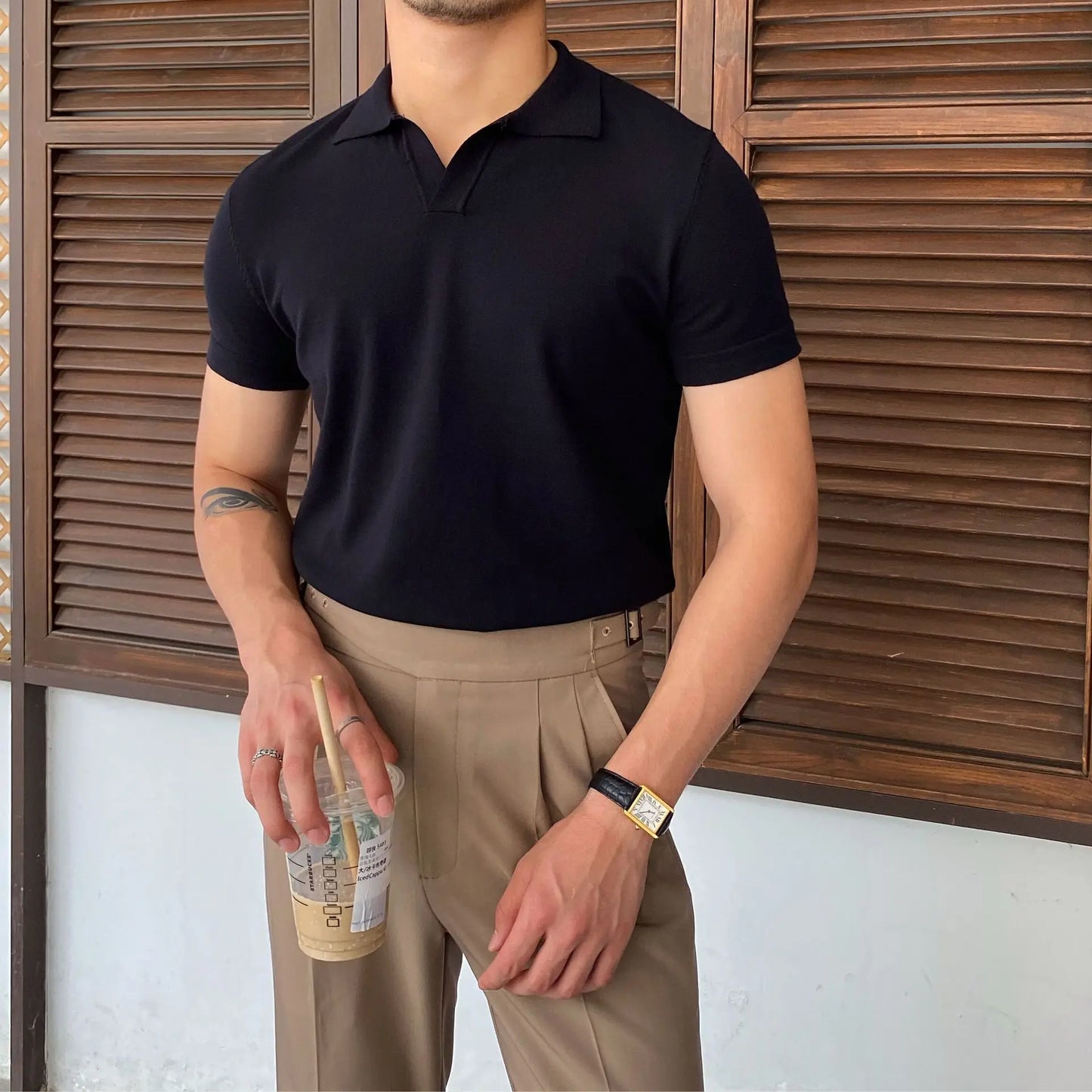 Camisa polo de manga curta de malha masculina, blusa casual de negócios, polo Slim Fit, primavera verão, camiseta listrada moda, camiseta com gola polo, malhas