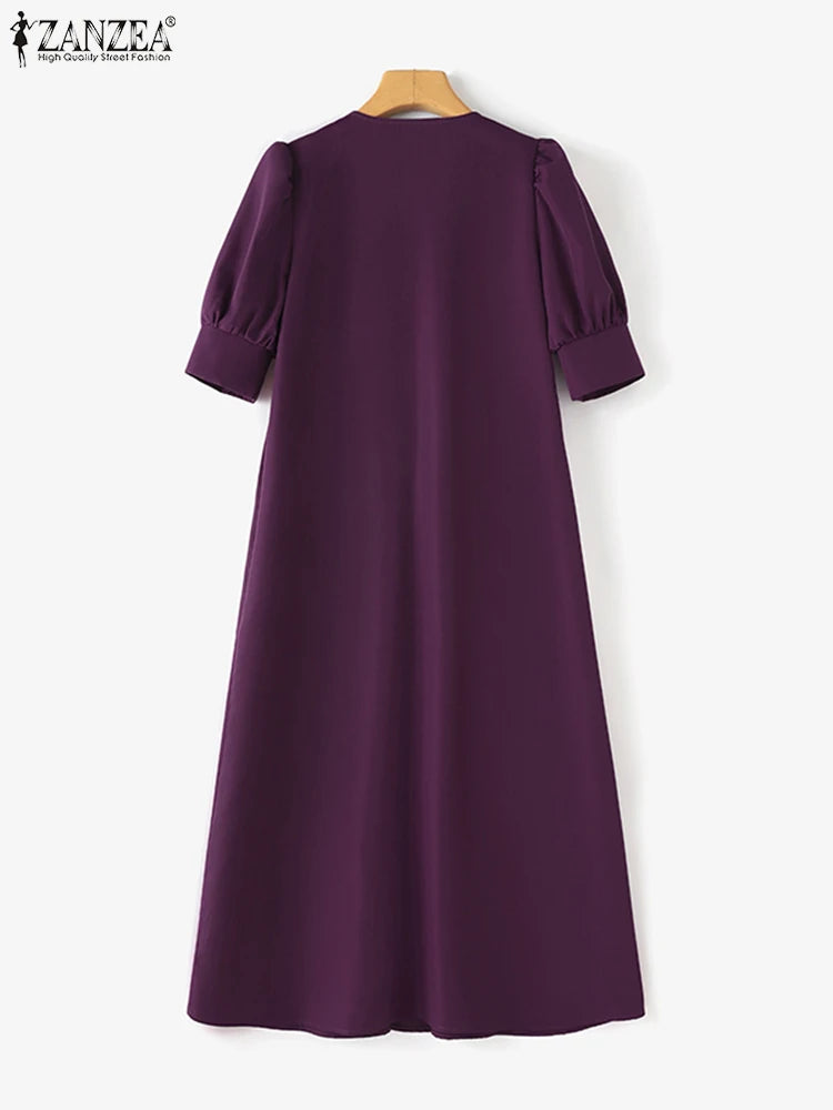 ZANZEA-Vestido plissado com decote em v feminino, monocromático, Puff manga curta, vestido Midi, solto, grandes dimensões, street fashion, verão, elegante, 2024