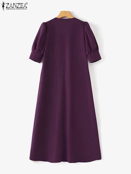 ZANZEA-Vestido plissado com decote em v feminino, monocromático, Puff manga curta, vestido Midi, solto, grandes dimensões, street fashion, verão, elegante, 2024