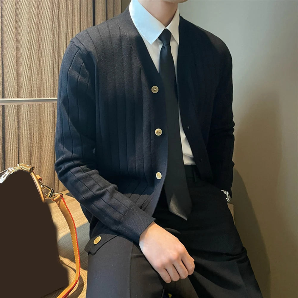 Cardigã Masculino de Tricô com Gola V e Botões, Casual e Simples, para Negócios e Uso Doméstico, Outono