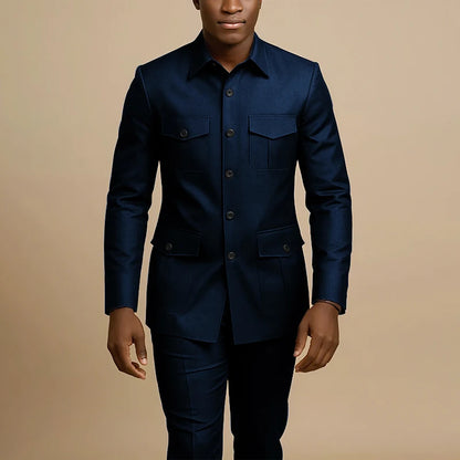 Terno Masculino Marrom de Quatro Bolsos com Lapela Pontiaguda, Casual de Negócios, Formal, Slim Fit, Conjunto de 2 Peças (Jaqueta e Calça)