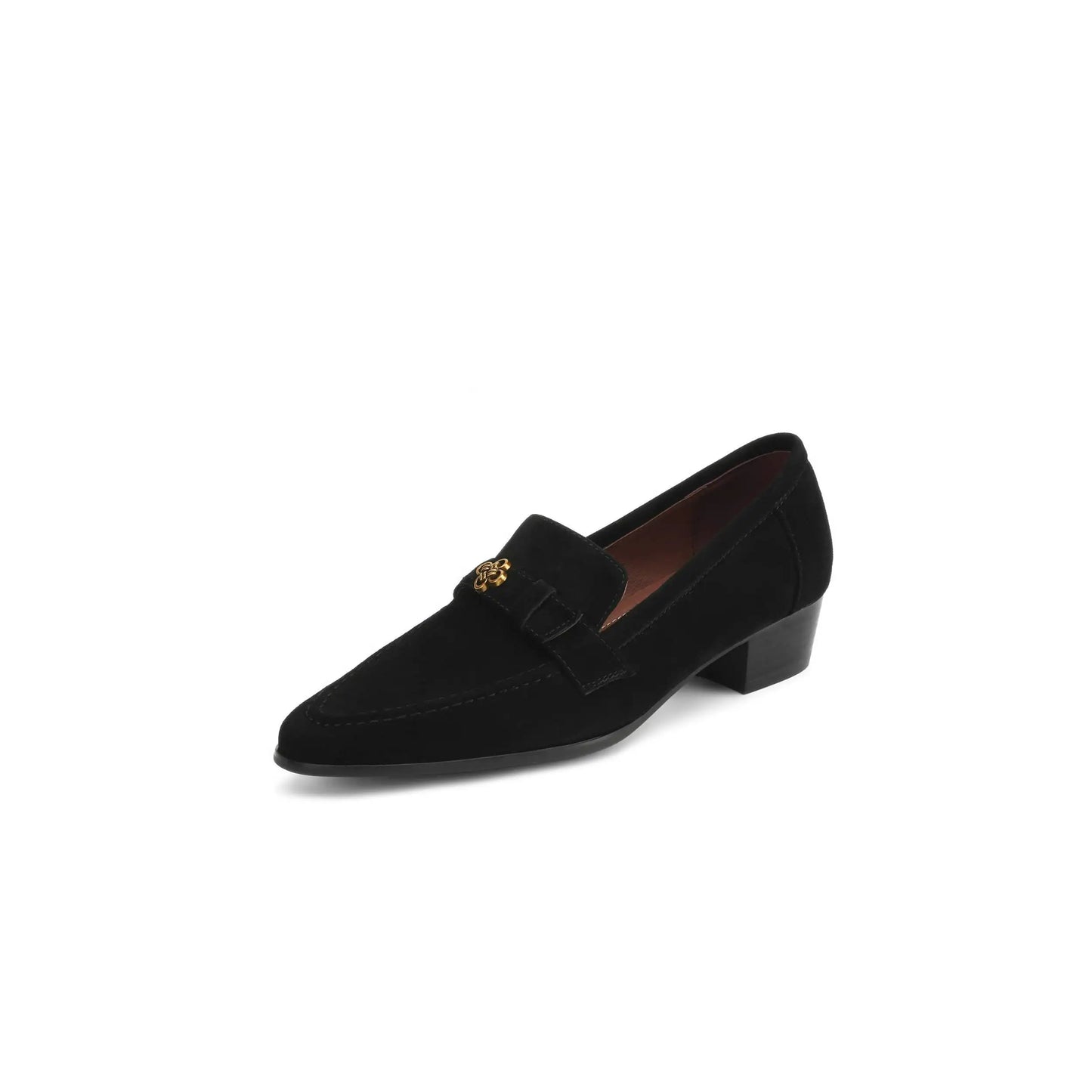 Sapatos Femininos Elegantes de Camurça de Carneiro para Primavera, com Salto Grosso, Estilo Oxford, Slip-On, Casual de Negócios, com Flores Metálicas, Loafers e Scarpins