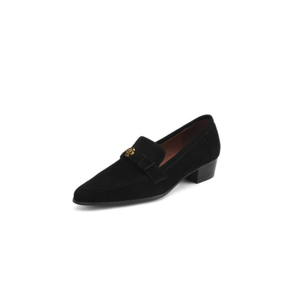 Sapatos Femininos Elegantes de Camurça de Carneiro para Primavera, com Salto Grosso, Estilo Oxford, Slip-On, Casual de Negócios, com Flores Metálicas, Loafers e Scarpins