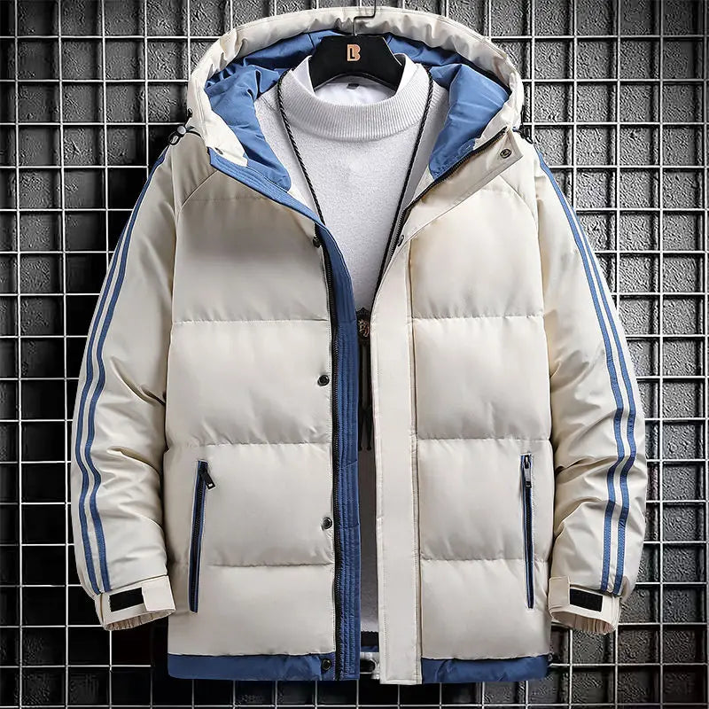 Jaqueta masculina listra moda cor combinando quente grosso high street com capuz zíper algodão-acolchoado casaco oversize cordão parka casaco