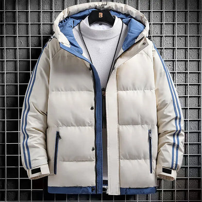 Jaqueta masculina listra moda cor combinando quente grosso high street com capuz zíper algodão-acolchoado casaco oversize cordão parka casaco