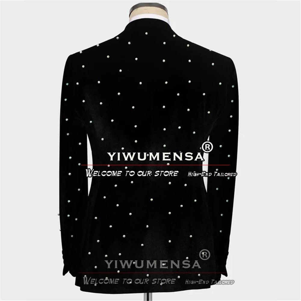 Ternos de casamento de luxo para homens noivo usar smoking artesanal pérolas jaqueta de veludo masculino banquete vestido de festa sob medida 3 peças conjunto