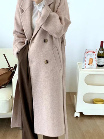 Casaco clássico de lã com abotoamento duplo, comprimento médio, feminino, estilo coreano, corte reto, longo, para outono/inverno