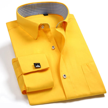 Camisa masculina clássica francesa com punhos listrados, bolso único, ajuste padrão, camisas de casamento de manga comprida (abotoaduras incluídas)