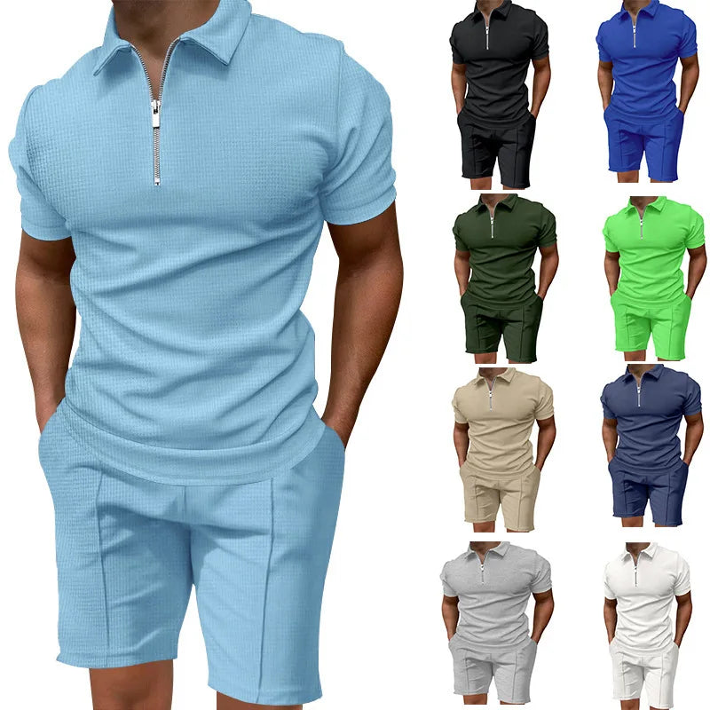 Homens de manga curta slim-fit terno casual da moda, lapela waffle, cor sólida, roupas de verão, frete grátis, 2024
