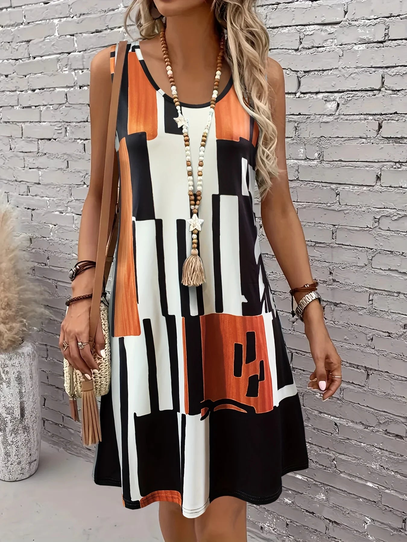 Vestido feminino sem mangas com estampa geométrica para primavera/verão, ideal para férias de verão. Vestido midi boêmio para mulheres.