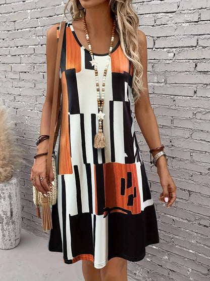 Vestido feminino sem mangas com estampa geométrica para primavera/verão, ideal para férias de verão. Vestido midi boêmio para mulheres.