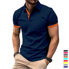 Camisa polo masculina de manga curta, corte slim casual, com blocos de cores, estilo inglês streetwear. Moda masculina.
