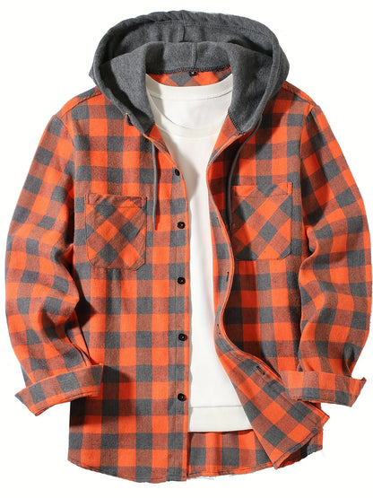 Camisa masculina xadrez com capuz, modelo folgado, para primavera e outono, tamanhos grandes, estilo casual e moderno, mangas compridas, do P ao 3XG.