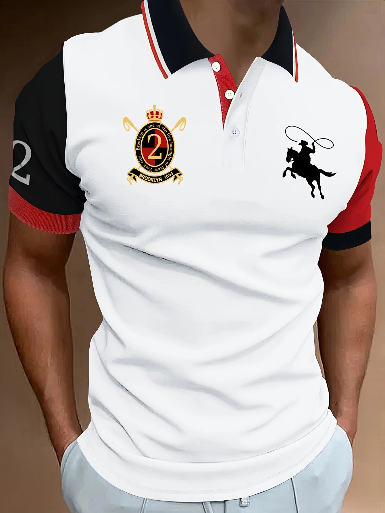 2026 Men's Fashion Polo Shirt | Brooklyn 1664 Emblem & Cowboy Print | Color Block Short Sleeve Casual Golf Top for Summer