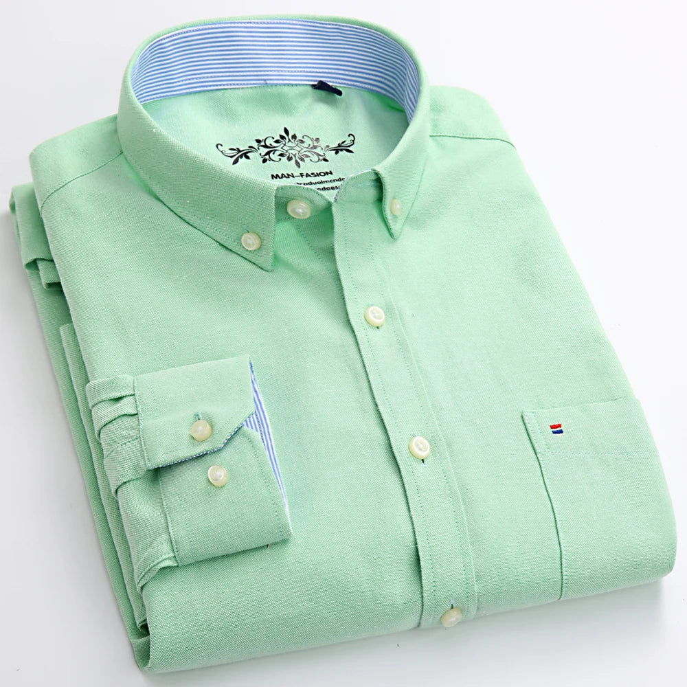 Camisa masculina de manga comprida oxford com botão no peito esquerdo confortável outono inverno ajuste regular casual versátil moda
