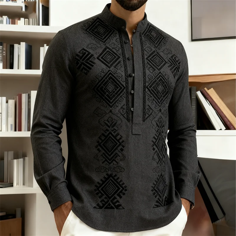 Nova Camisa Masculina de Manga Longa Estilo Étnico Retrô com Estampa 3D de Totem Tribal, Camisa Casual com Botões