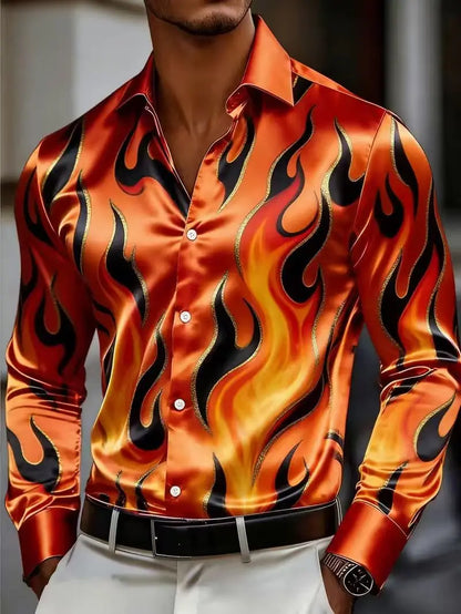 Nova camisa masculina estilosa com estampa 3D de chamas, design casual com botões e manga comprida.