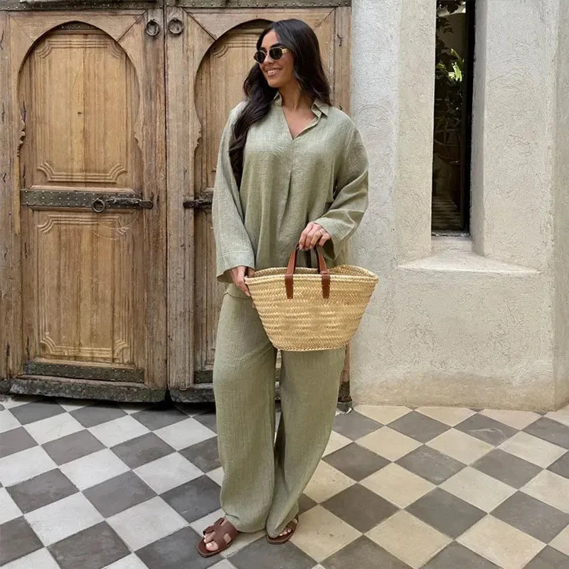 Fashion Solid Long Pants Set Women Chic Lapel Single Breasted Shirt High Waist Wide Leg Trousers 2026 Spring Summer 2 Pcs Outfit