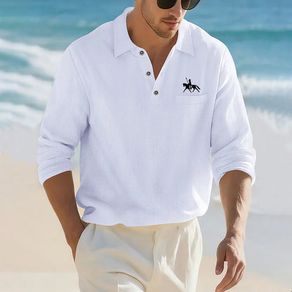 Camisa Masculina Casual de Linho e Algodão Leve com Lapela, Solta, Cor Sólida, Moda Primavera Outono, com Detalhe Decorativo na Gola